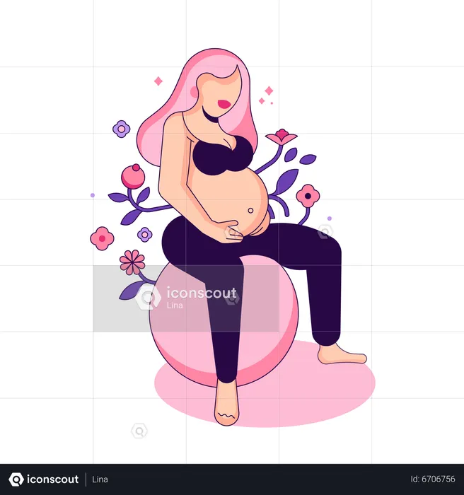 Mujer embarazada haciendo yoga con pelota  Ilustración