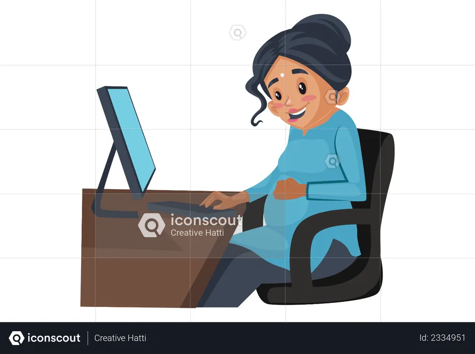 Mujer embarazada trabajando en computadora  Ilustración