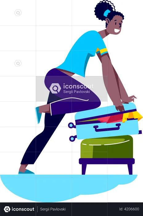 Mujer haciendo las maletas para viajar  Ilustración