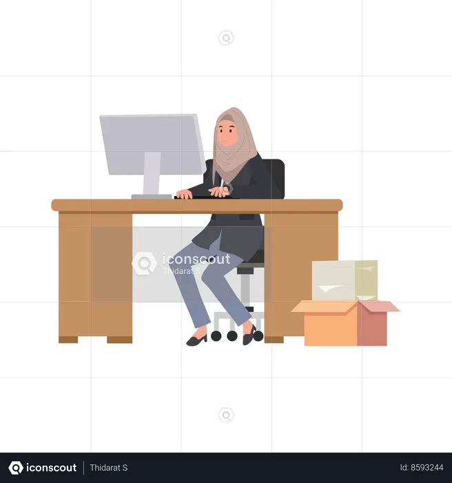 Empresaria segura con hijab usando computadora en un ambiente de trabajo diverso  Ilustración