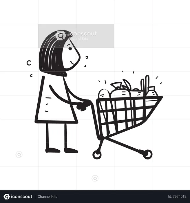 Mujer empujando carrito de compras  Ilustración