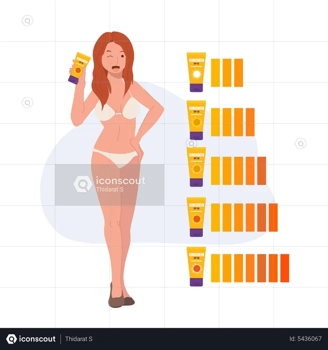 Mujer en bikini mostrando crema de protección solar  Ilustración