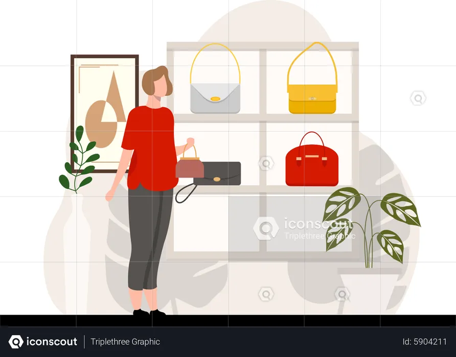 Mujer en tienda de bolsos  Ilustración