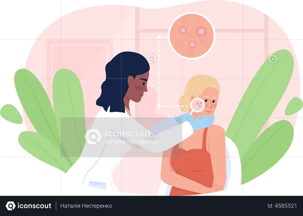 Mujer en cita con el dermatólogo  Ilustración