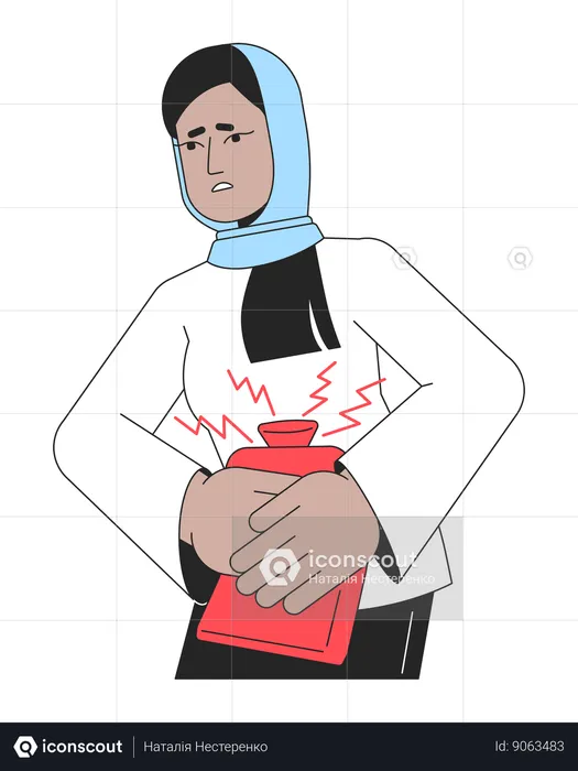 Mujer con hijab presionando almohadillas térmicas en el vientre  Ilustración