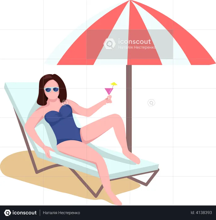 Mujer en la playa con sombrilla  Ilustración