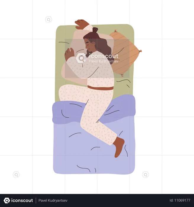 Mujer en pijama durmiendo tranquilamente en la cama  Ilustración