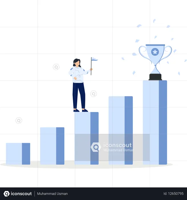 Mujer en progreso pasos alcanzando logro trofeo meta empresarial  Ilustración
