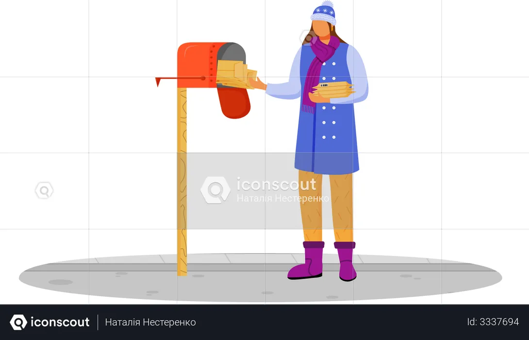 Mujer vestida de invierno recibe correo  Ilustración