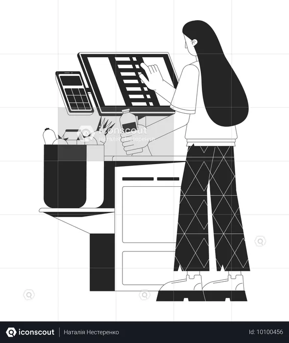 Mujer en terminal de autoservicio  Ilustración