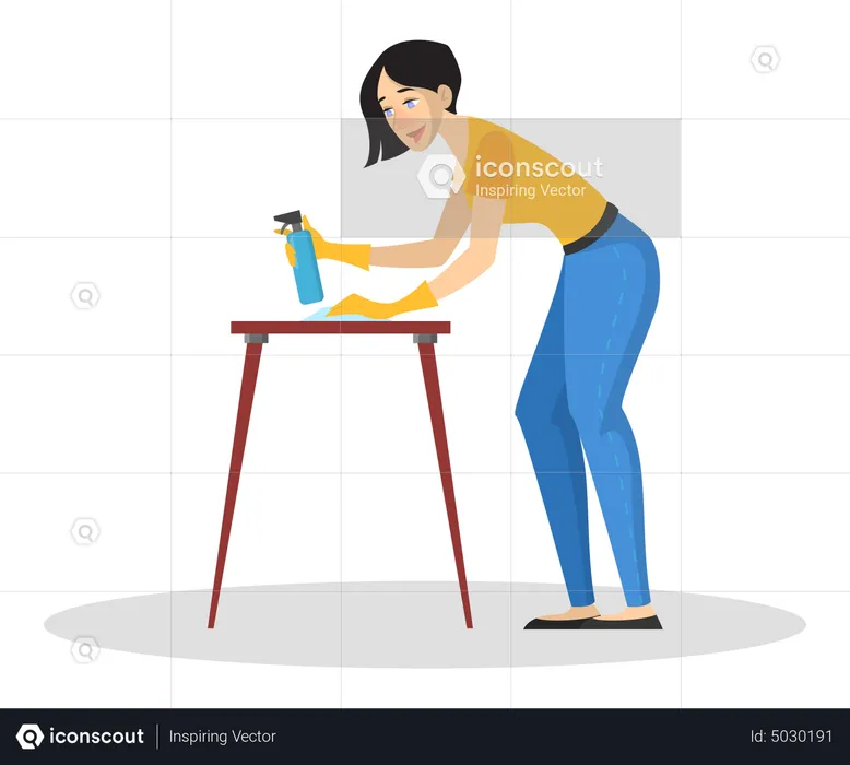 Mujer en mesa de limpieza uniforme usando spray de limpieza  Ilustración