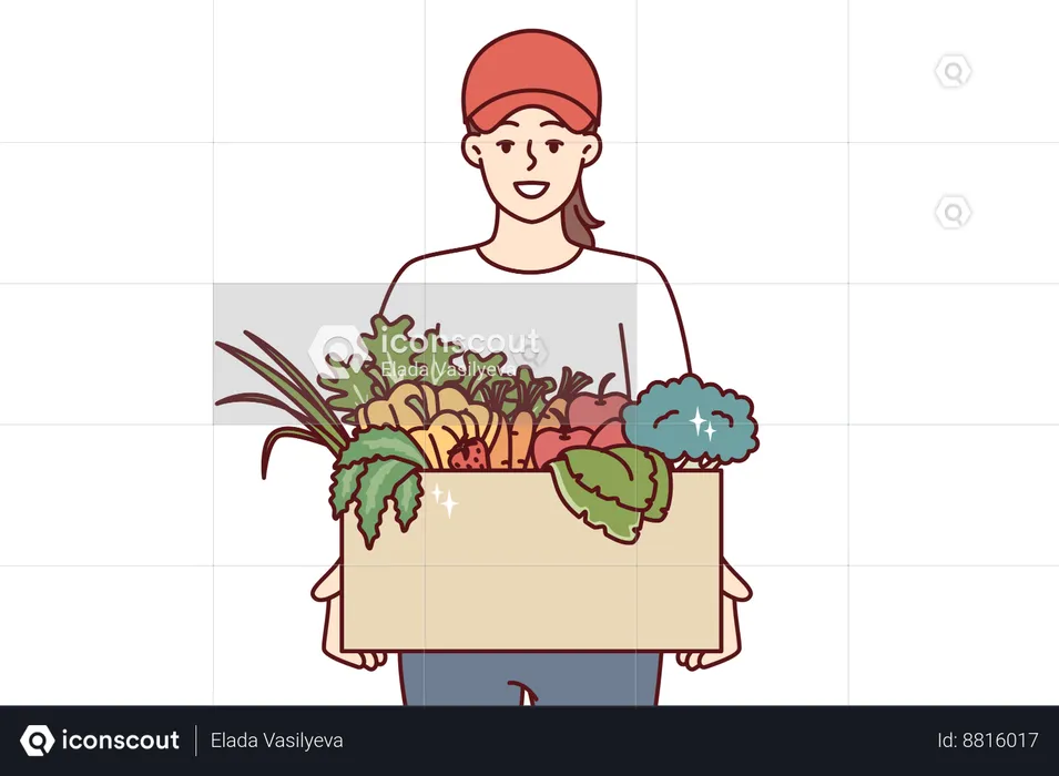 Mujer entrega cesta de verduras a su domicilio  Ilustración