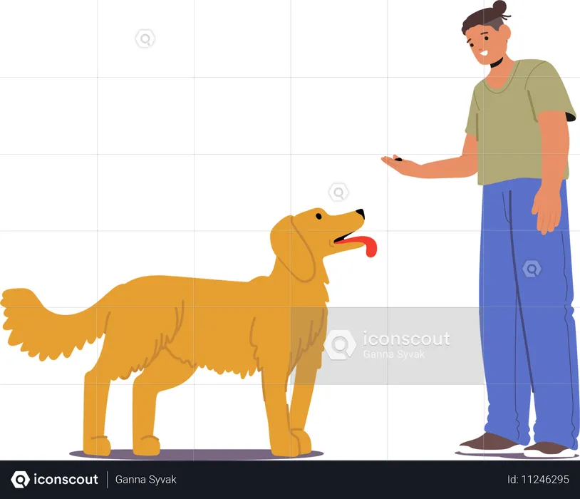 Mujer entrenando a un perro dándole órdenes  Ilustración