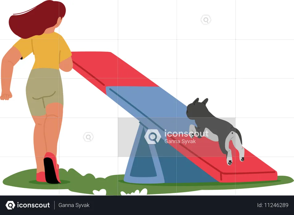 Mujer entrenando perro en curso de agilidad  Ilustración