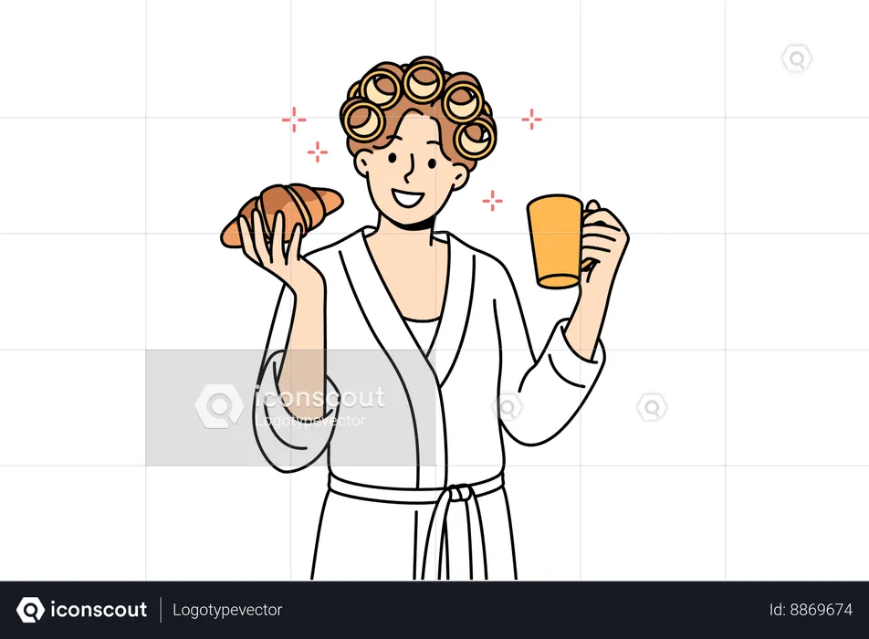 La mujer está feliz con sus bigudíes  Ilustración