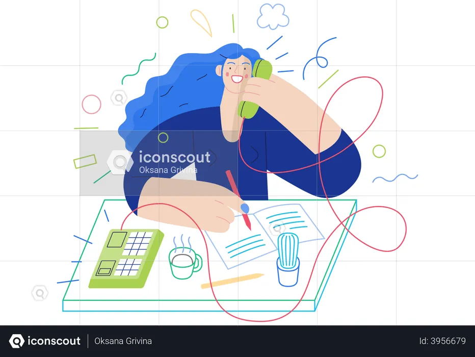 Mujer escribiendo notas mientras llama por teléfono  Ilustración