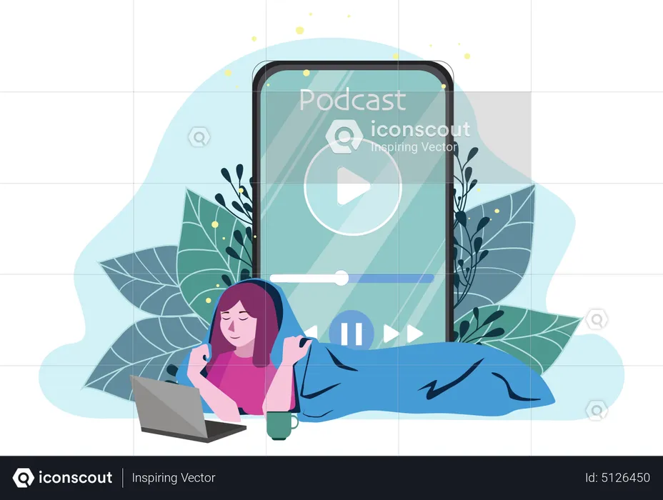 Mujer escuchando podcast  Ilustración