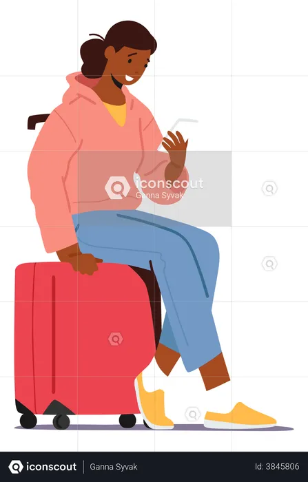 Mujer esperando el vuelo en el aeropuerto  Ilustración