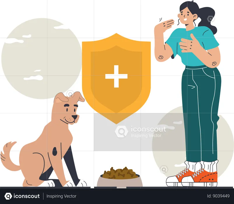 La mujer está alimentando la comida del perro.  Ilustración