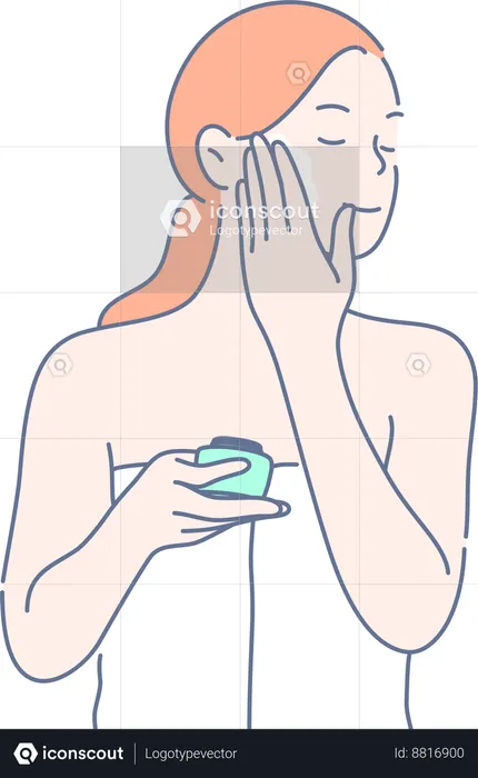 La mujer está aplicando crema hidratante para la piel.  Ilustración