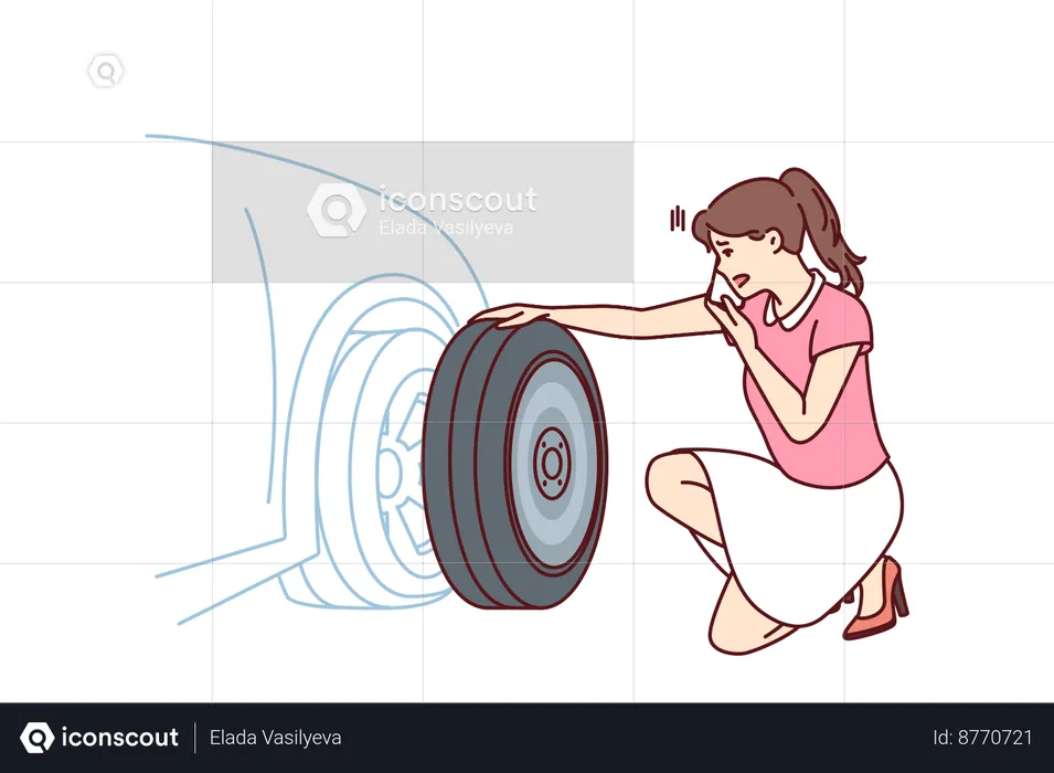 La mujer está arreglando la rueda del coche  Ilustración