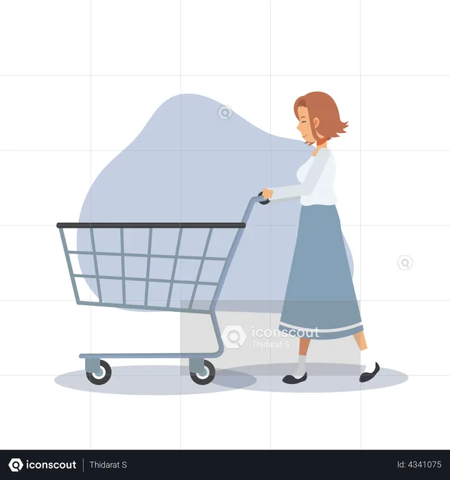 La mujer está empujando un carrito de compras vacío  Ilustración