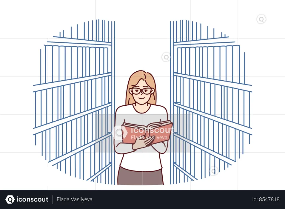 La mujer está leyendo un libro en la biblioteca  Ilustración