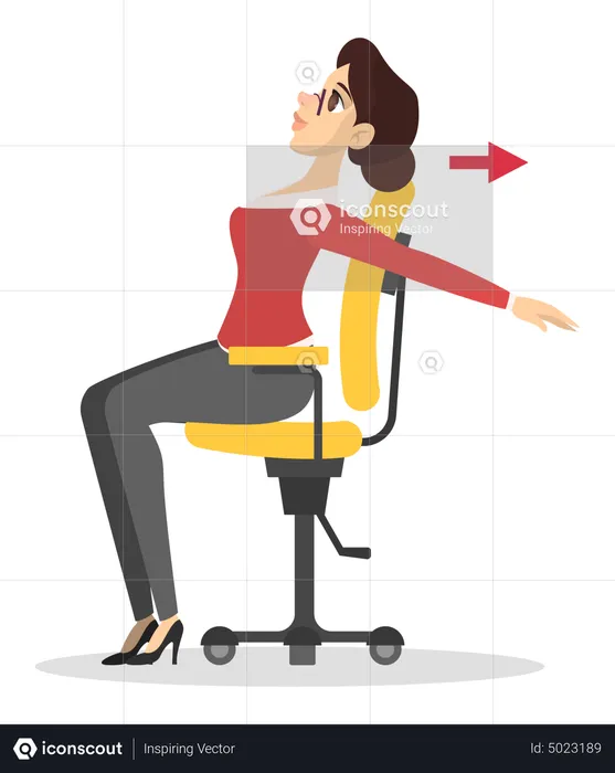 Mujer estirándose hacia atrás sentada en una silla en la oficina  Ilustración