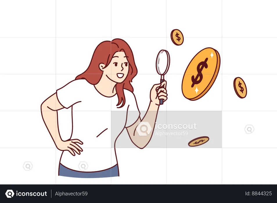 Mujer examinando monedas que caen  Ilustración