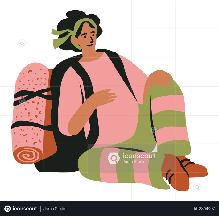 Exploradora sentada con mochila  Ilustración