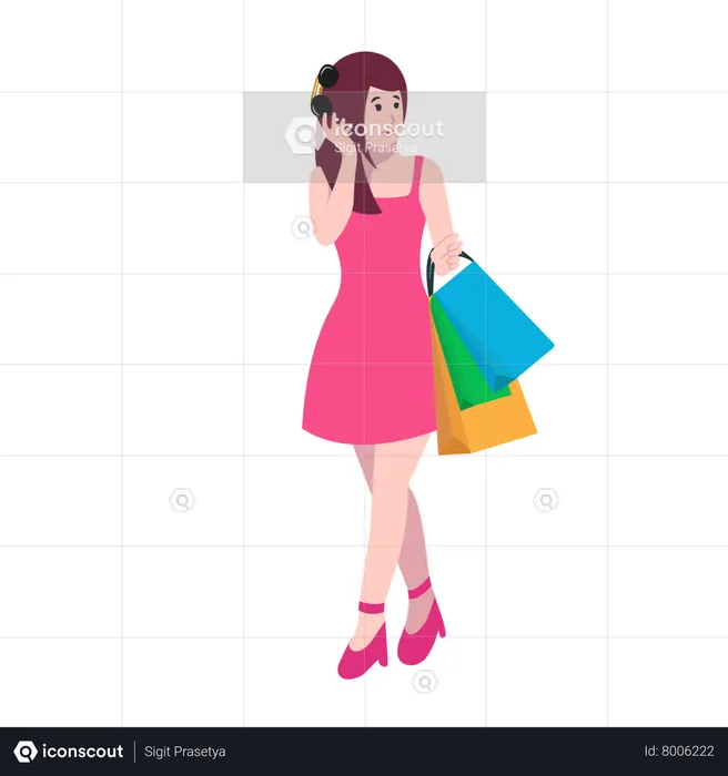 Mujer feliz llevando bolsas de compras  Ilustración