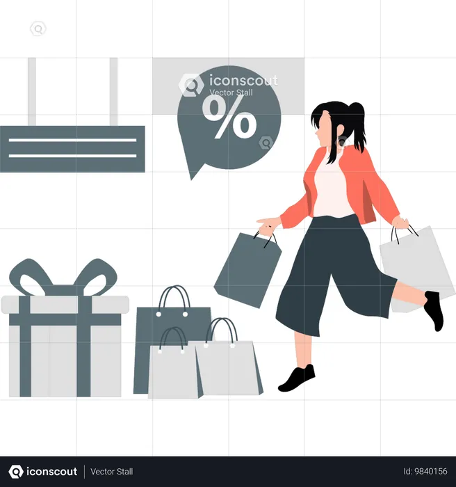 Mujer felizmente comprando más cosas  Ilustración