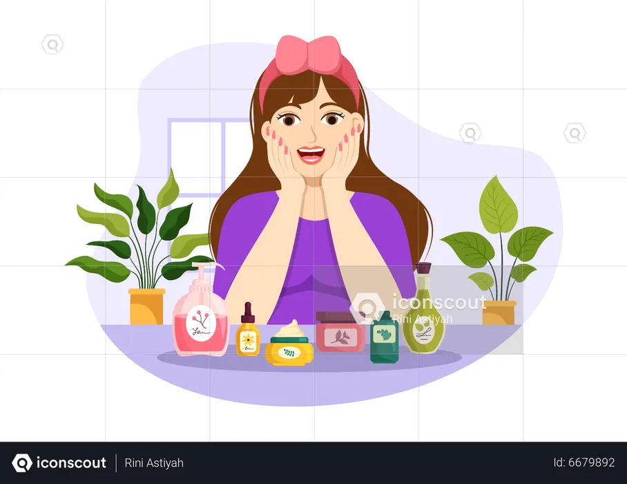 Mujer feliz con producto cosmético  Ilustración