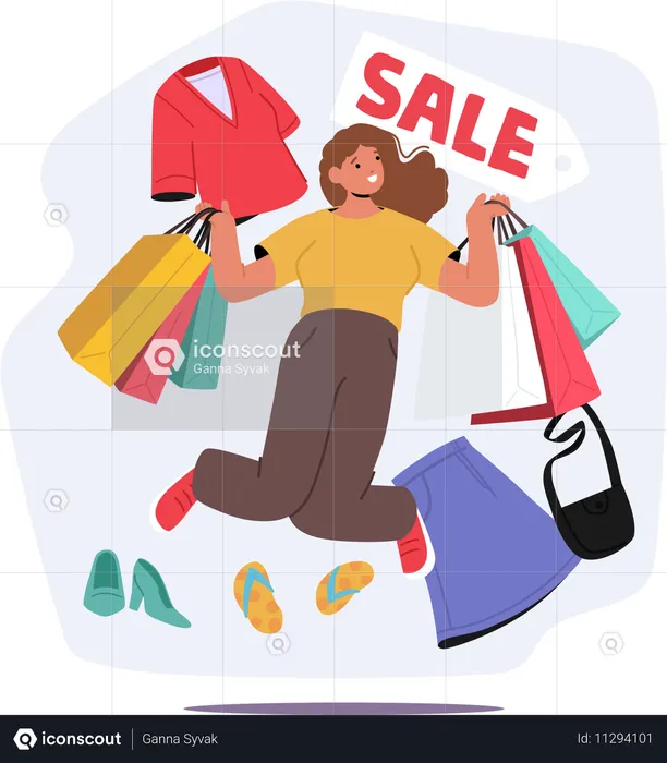 Mujer feliz, loca adicta a las compras, saltando con muchas bolsas de compras y disfrutando de las rebajas  Ilustración