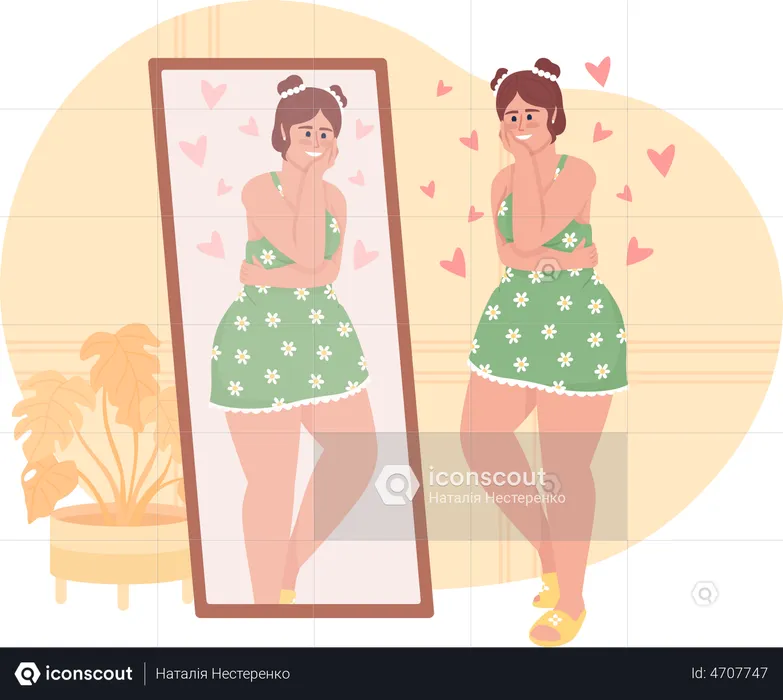 Mujer feliz mirándose en el espejo  Ilustración