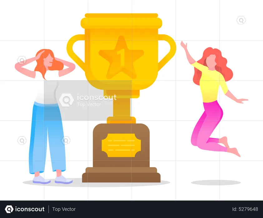 Mujer feliz saltando cerca del trofeo dorado  Ilustración