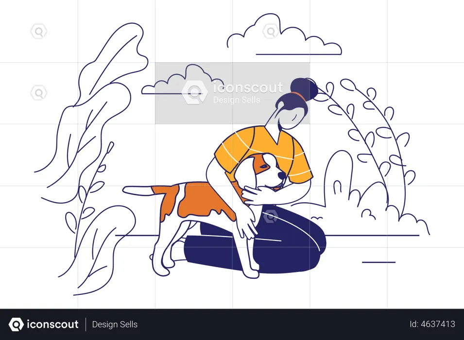 Mujer feliz sentada y abrazando a su perro  Ilustración