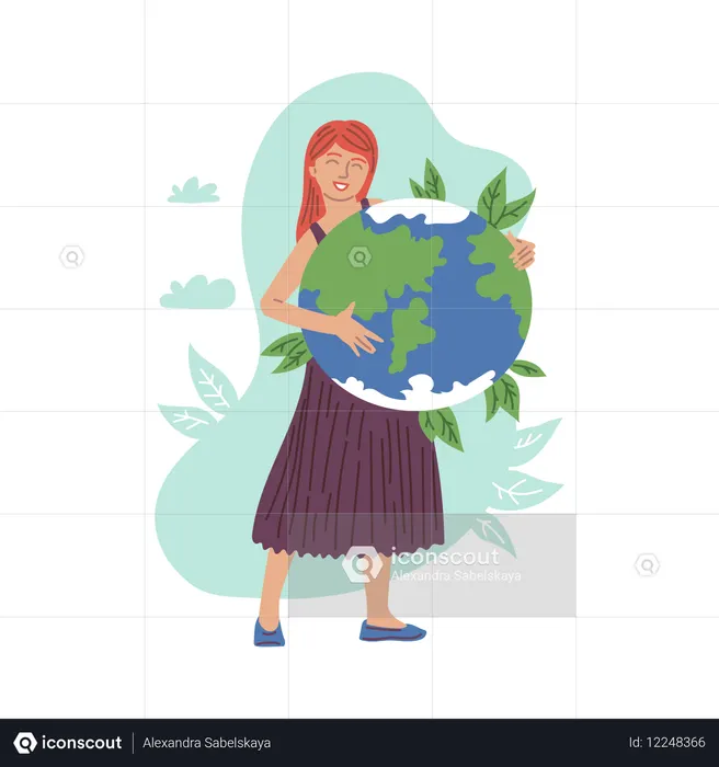 Mujer feliz sosteniendo el planeta  Ilustración