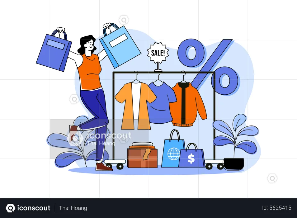 Mujer feliz yendo a comprar telas y obtuvo descuento en ropa  Ilustración