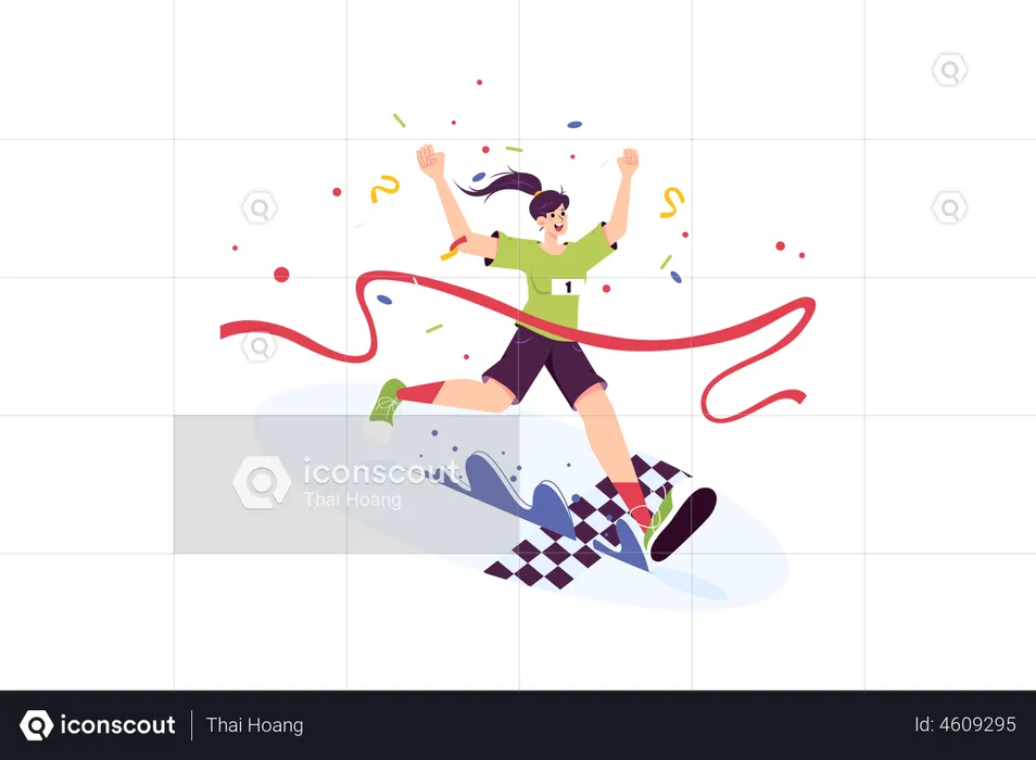 Mujer ganando y cruzando la meta de un maratón  Ilustración