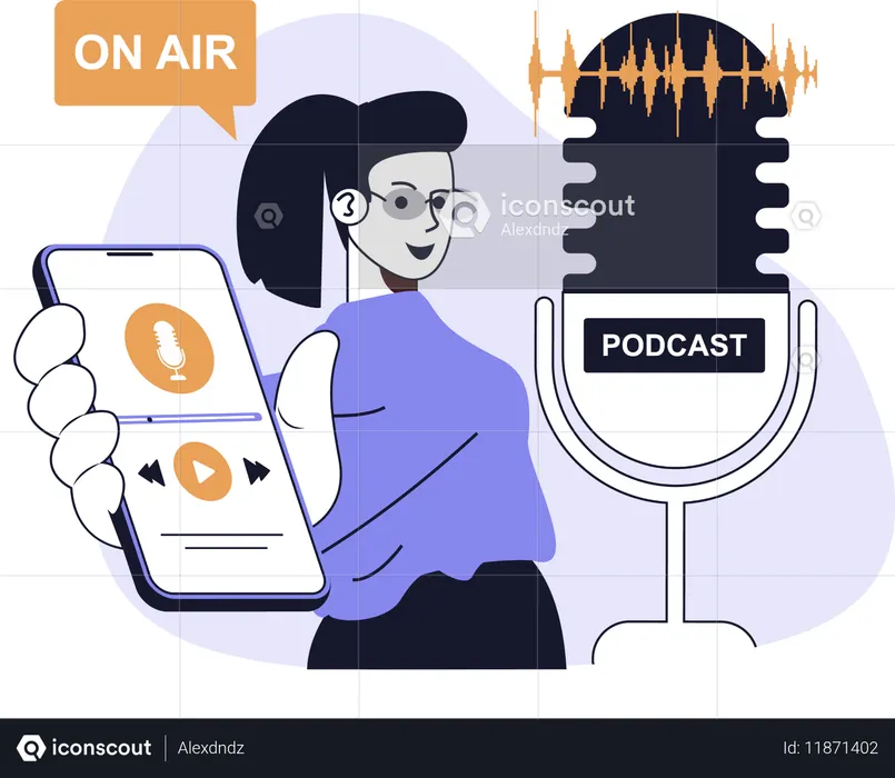 Mujer grabando un podcast en vivo  Ilustración
