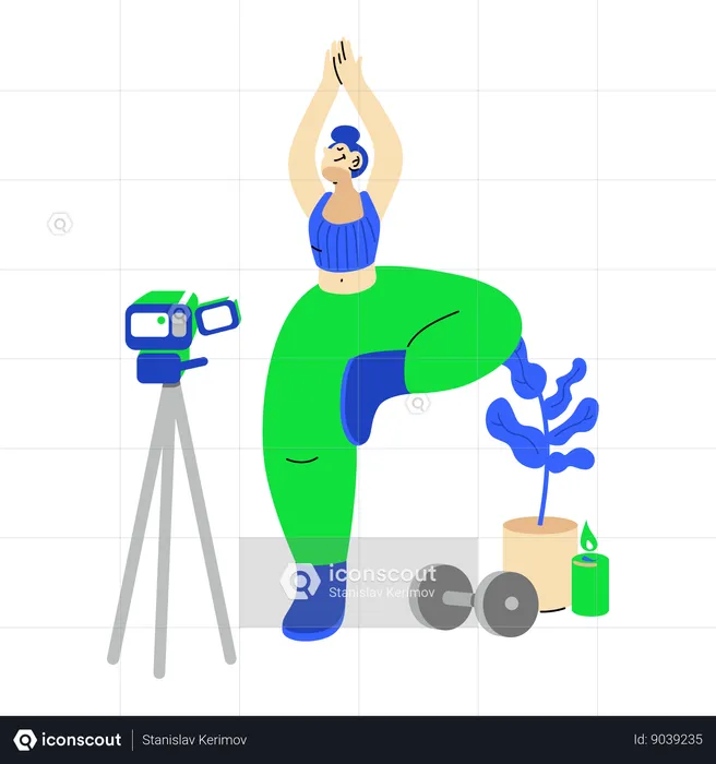 Mujer grabando una clase de video yoga  Ilustración