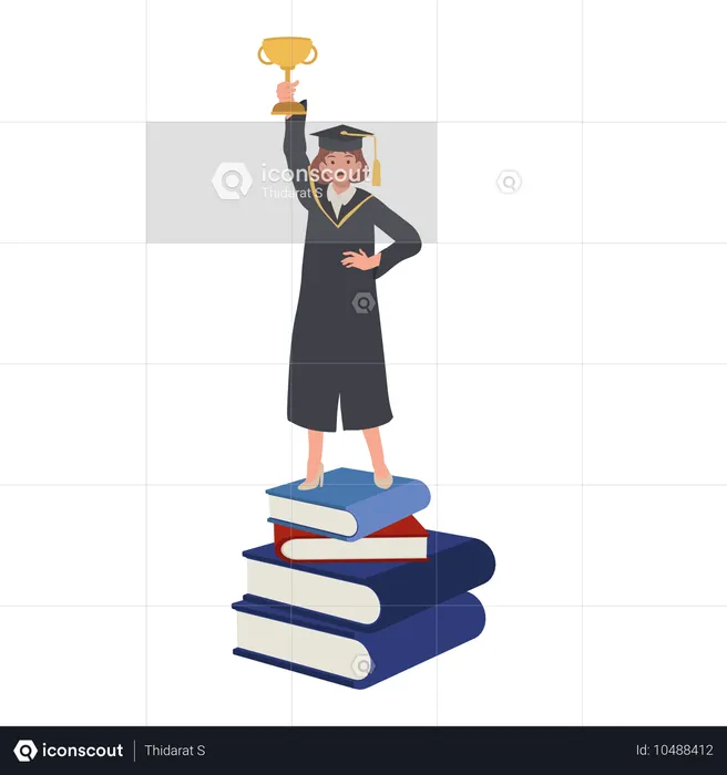 Graduada con toga sosteniendo un trofeo sobre libros  Ilustración