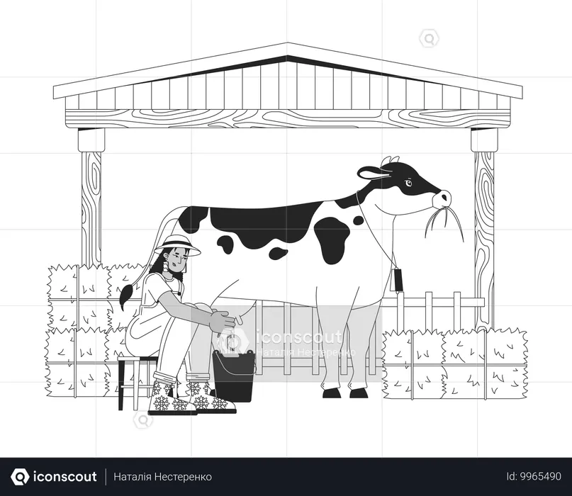 Granjera afroamericana ordeñando vacas  Ilustración