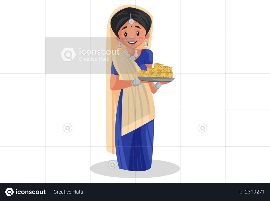 Mujer gujarati sosteniendo un plato dulce en su mano  Ilustración