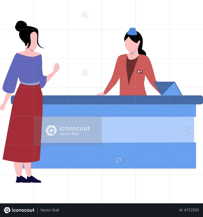 Mujer hablando con la recepcionista del aeropuerto  Ilustración