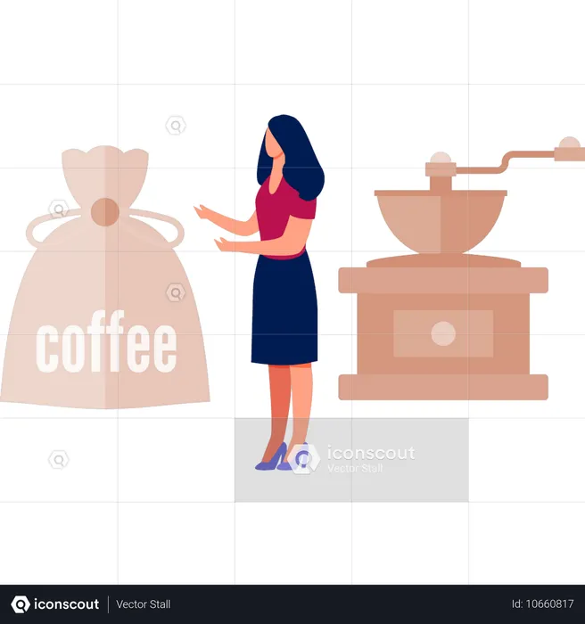 Mujer hablando de granos de café.  Ilustración