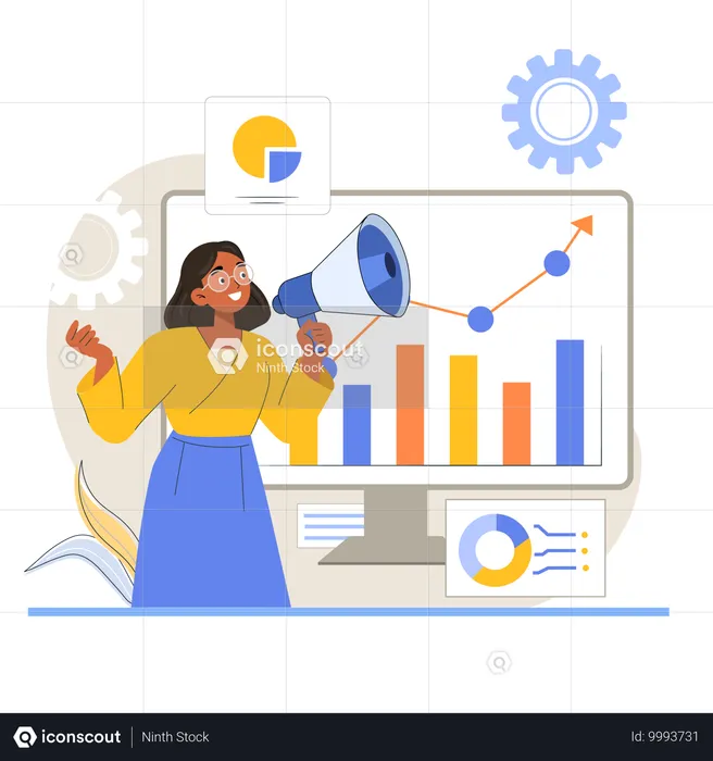 Mujer haciendo análisis de marketing  Ilustración