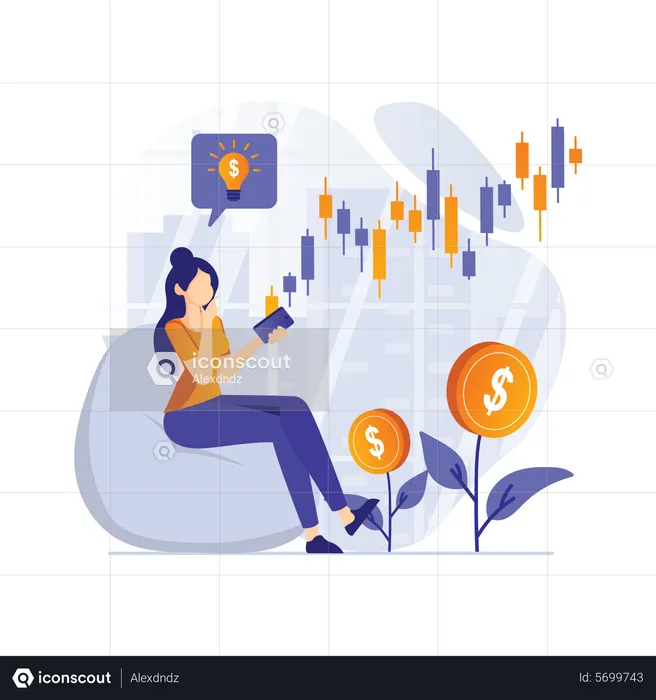 Mujer haciendo análisis del mercado de valores  Ilustración