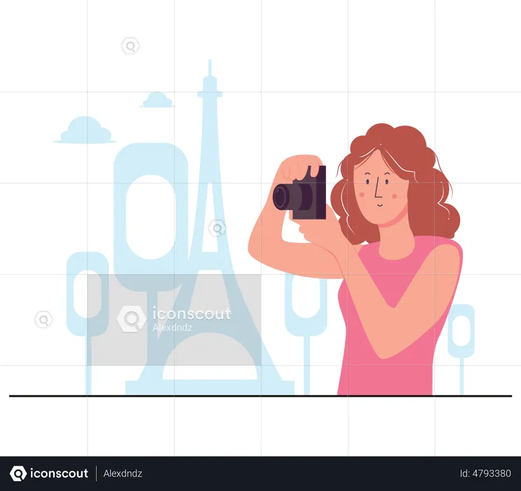 Mujer haciendo clic en la foto de la torre eiffel  Ilustración